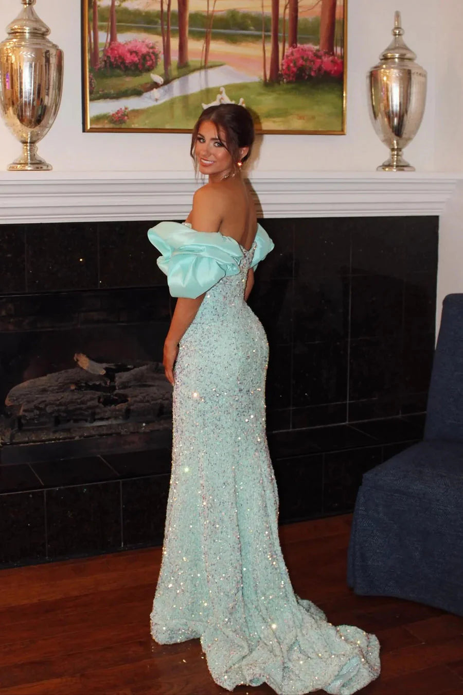 Mint Sequin Mermaid Prom Dresses Off-Shoulder Puff Sleeve Train Formal Evening Gown