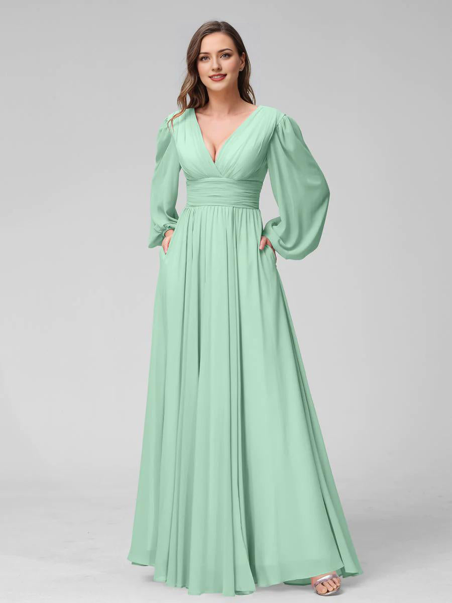 Blushing Pink Chiffon V-Neck A-Line Floor-Length Bridesmaid Dress with Bishop Sleeves