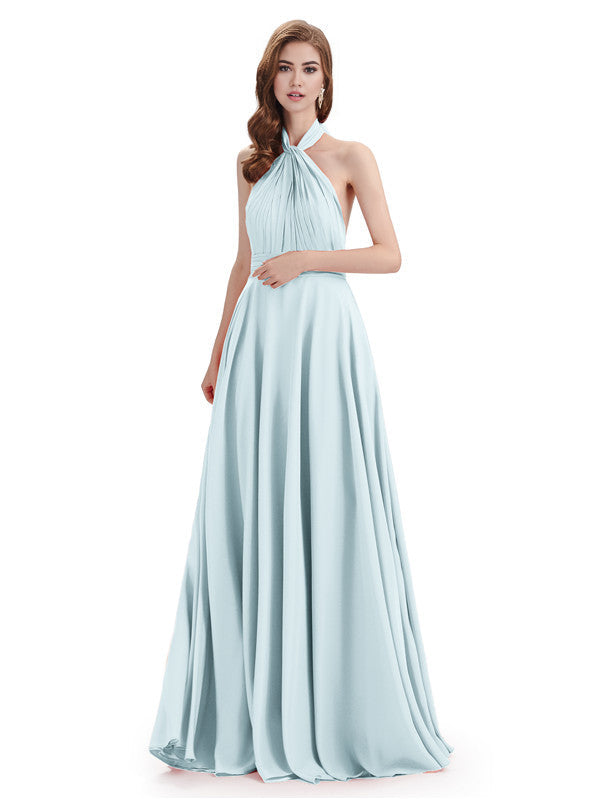 Simple A-Line High Neck Halter Sleeveless Pleats Chiffon Floor Length Bridesmaid Dresses