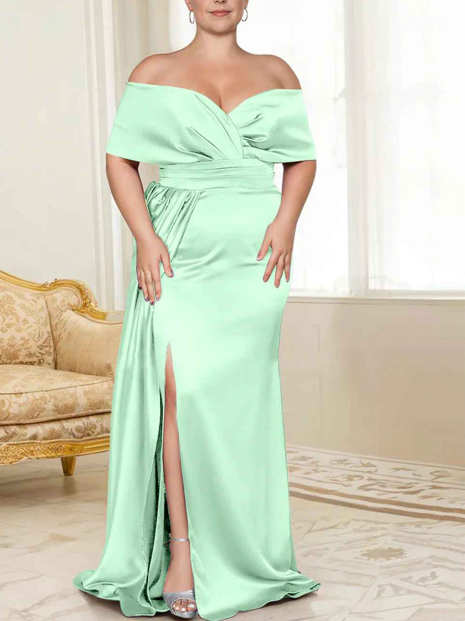 Sage Green Satin Off-the-Shoulder Bridesmaid Dress with Draped Bodice & High Slit