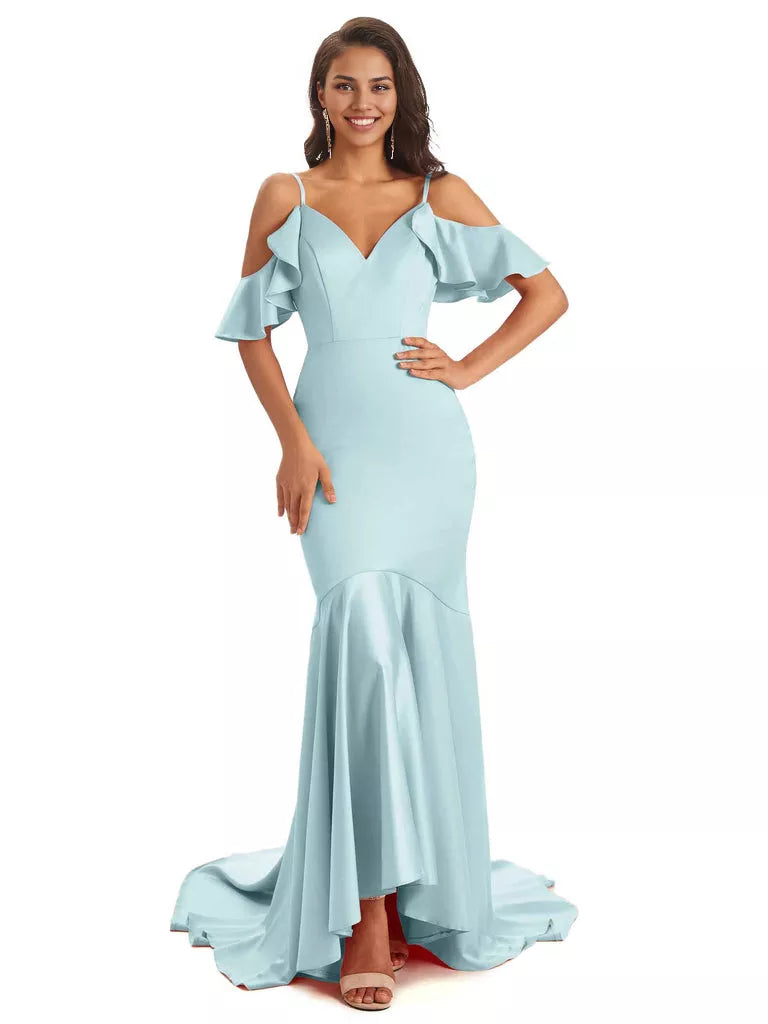 Soft Satin Asymmetric Spaghetti Straps Sleeveless Mermaid Cold Shoulder Bridesmaid Dresses