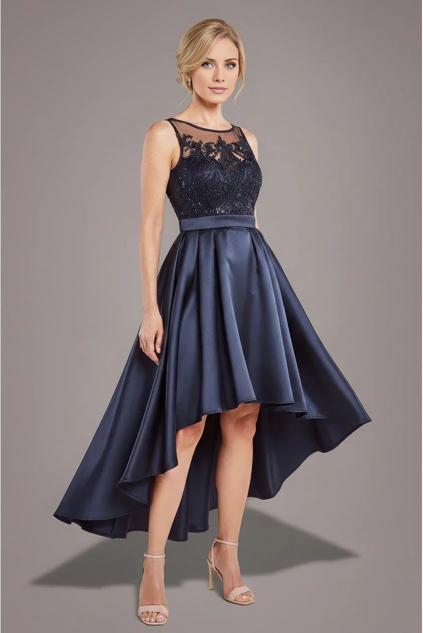 Dark Navy Satin A-Line Asymmetrical Evening Dress with Illusion Lace Bodice and High-Low Hem