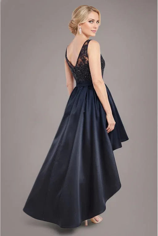 Dark Navy Satin A-Line Asymmetrical Evening Dress with Illusion Lace Bodice and High-Low Hem