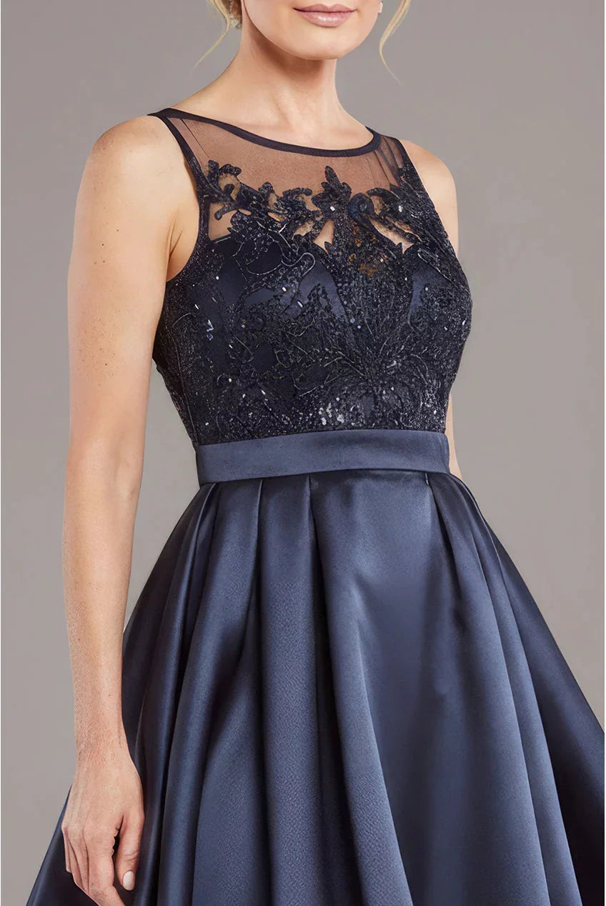 Dark Navy Satin A-Line Asymmetrical Evening Dress with Illusion Lace Bodice and High-Low Hem