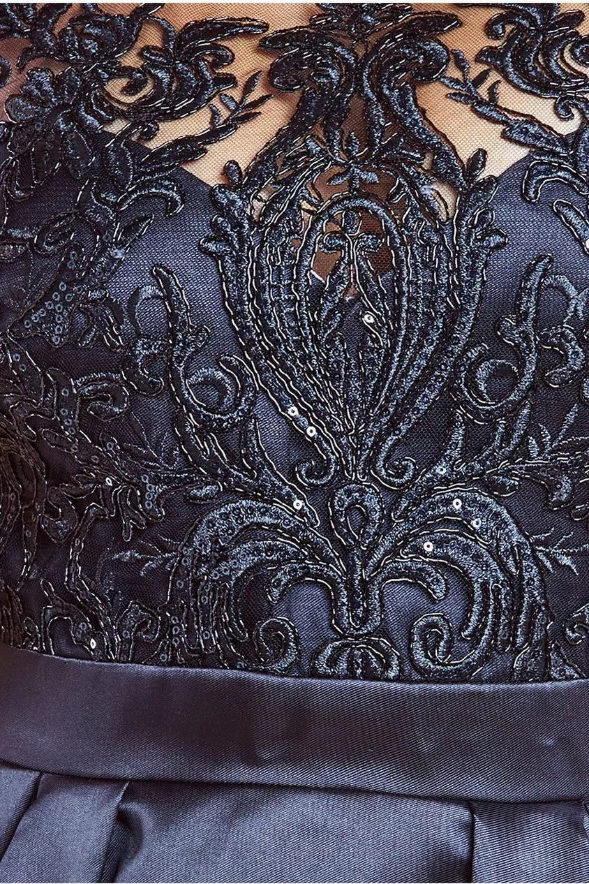 Dark Navy Satin A-Line Asymmetrical Evening Dress with Illusion Lace Bodice and High-Low Hem