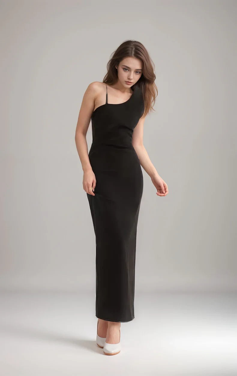 Modern Satin Sheath Asymmetrical Neck Sleeveless Geometric Open Back Floor-Length Evening Dresses