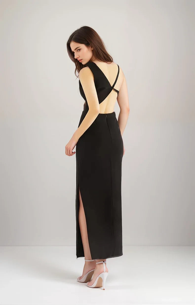 Modern Satin Sheath Asymmetrical Neck Sleeveless Geometric Open Back Floor-Length Evening Dresses
