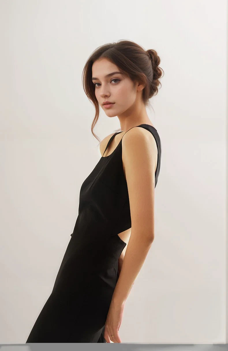 Modern Satin Sheath Asymmetrical Neck Sleeveless Geometric Open Back Floor-Length Evening Dresses