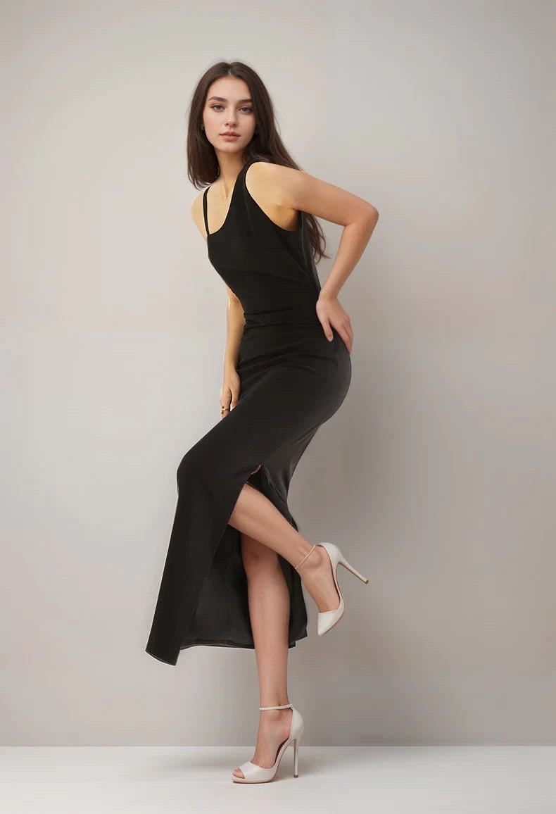 Modern Satin Sheath Asymmetrical Neck Sleeveless Geometric Open Back Floor-Length Evening Dresses