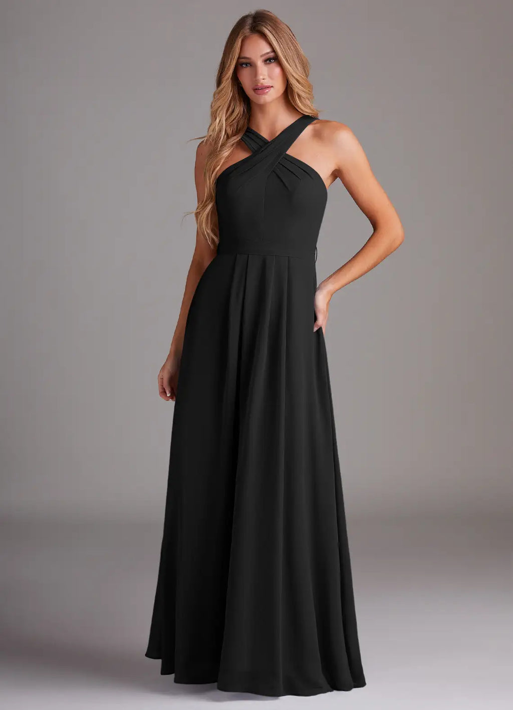 Black Chiffon A-Line Floor-Length Dress with Halter neckline + Open Back