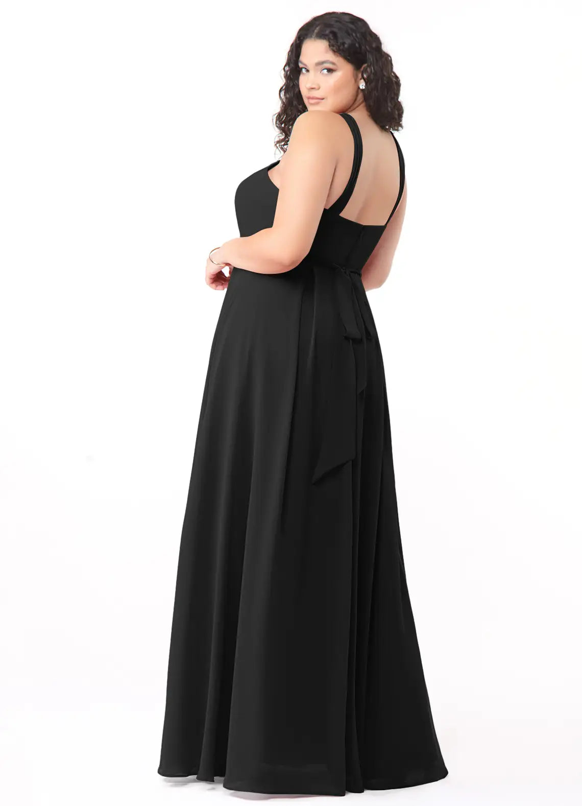 Black Chiffon A-Line Floor-Length Dress with Halter neckline + Open Back