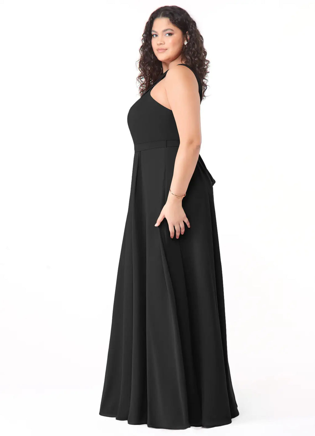 Black Chiffon A-Line Floor-Length Dress with Halter neckline + Open Back