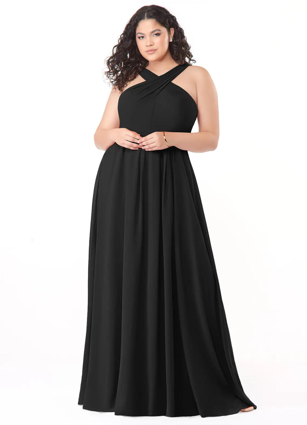 Black Chiffon A-Line Floor-Length Dress with Halter neckline + Open Back