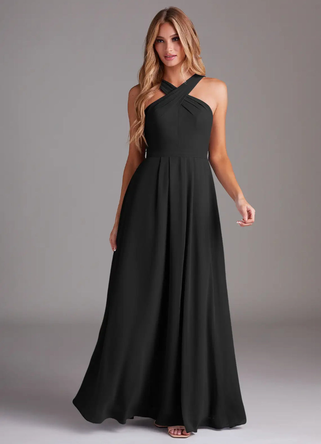 Black Chiffon A-Line Floor-Length Dress with Halter neckline + Open Back