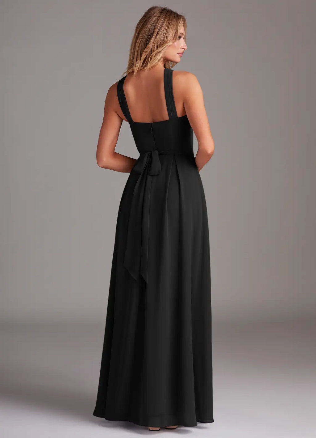 Black Chiffon A-Line Floor-Length Dress with Halter neckline + Open Back