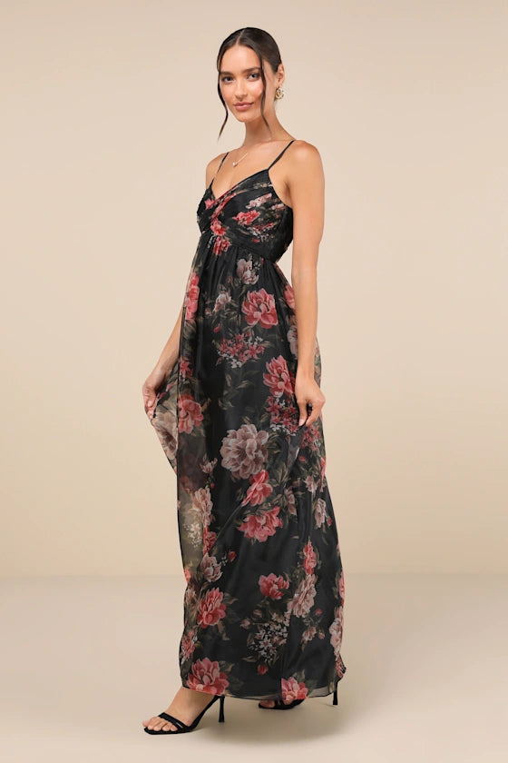 Moody Black Floral Chiffon A-Line Spaghetti Strap V-Neck Floor-Length Prom Dresses