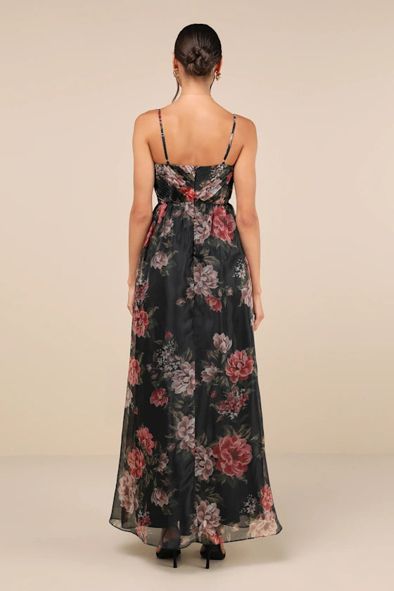 Moody Black Floral Chiffon A-Line Spaghetti Strap V-Neck Floor-Length Prom Dresses