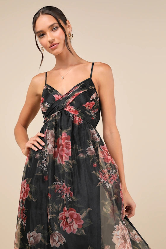 Moody Black Floral Chiffon A-Line Spaghetti Strap V-Neck Floor-Length Prom Dresses