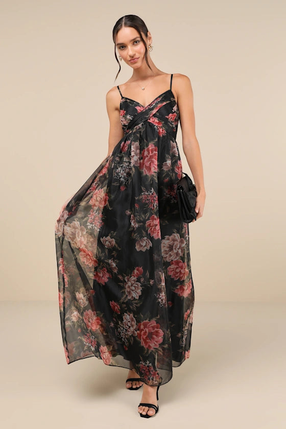 Moody Black Floral Chiffon A-Line Spaghetti Strap V-Neck Floor-Length Prom Dresses