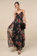 Black Floral Chiffon A-Line Floor-Length V-Neck Dress for Bridesmaids & Formal Events
