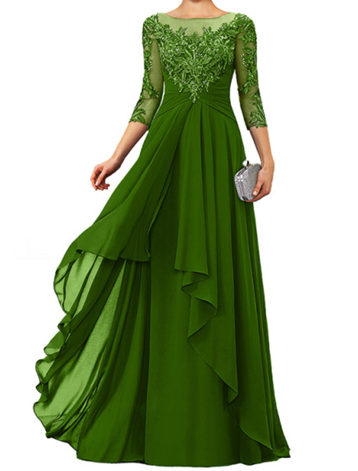 Dark Navy Chiffon A-Line Floor-Length Evening Dress - Illusion Neck Lace Appliques
