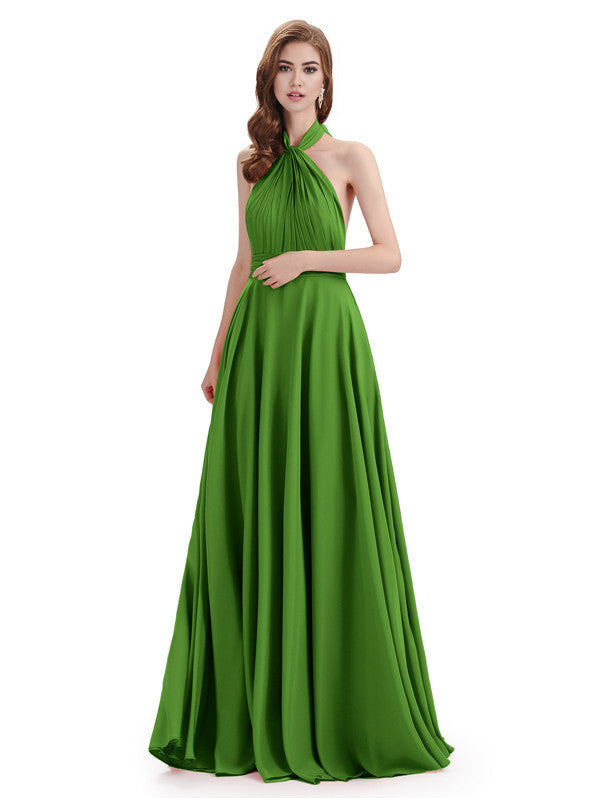 Simple A-Line High Neck Halter Sleeveless Pleats Chiffon Floor Length Bridesmaid Dresses