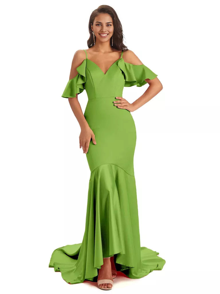 Soft Satin Asymmetric Spaghetti Straps Sleeveless Mermaid Cold Shoulder Bridesmaid Dresses