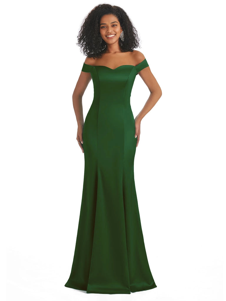 Vestidos de dama de honor largos, sencillos, de satén suave, sin mangas y con hombros descubiertos, de corte sirena