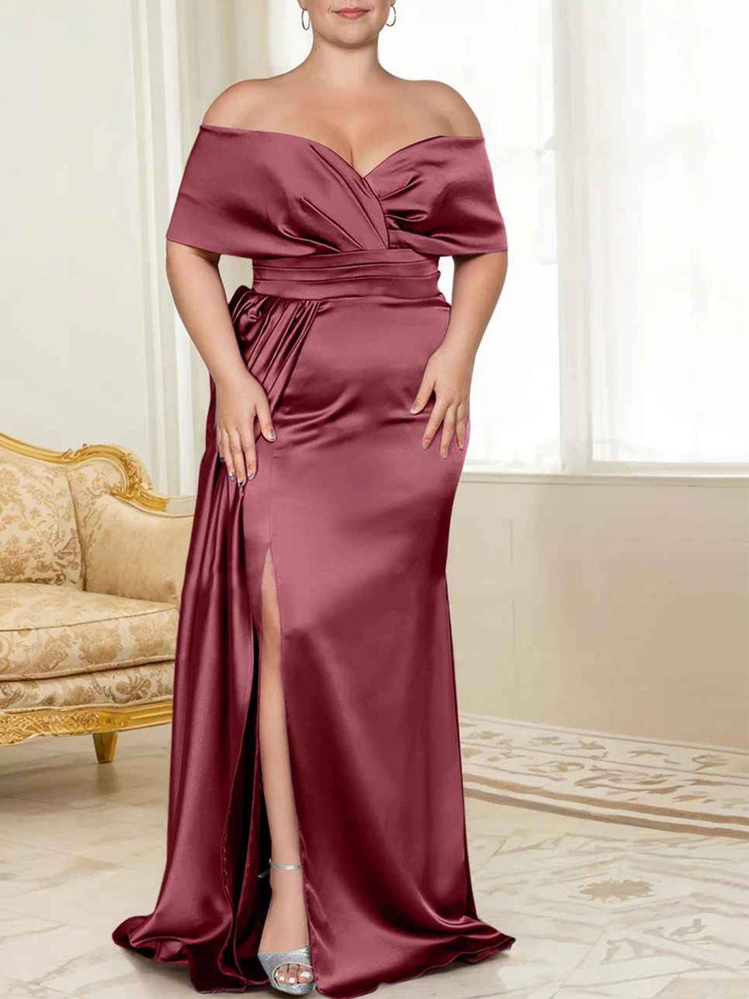 Sage Green Satin Off-the-Shoulder Bridesmaid Dress with Draped Bodice & High Slit