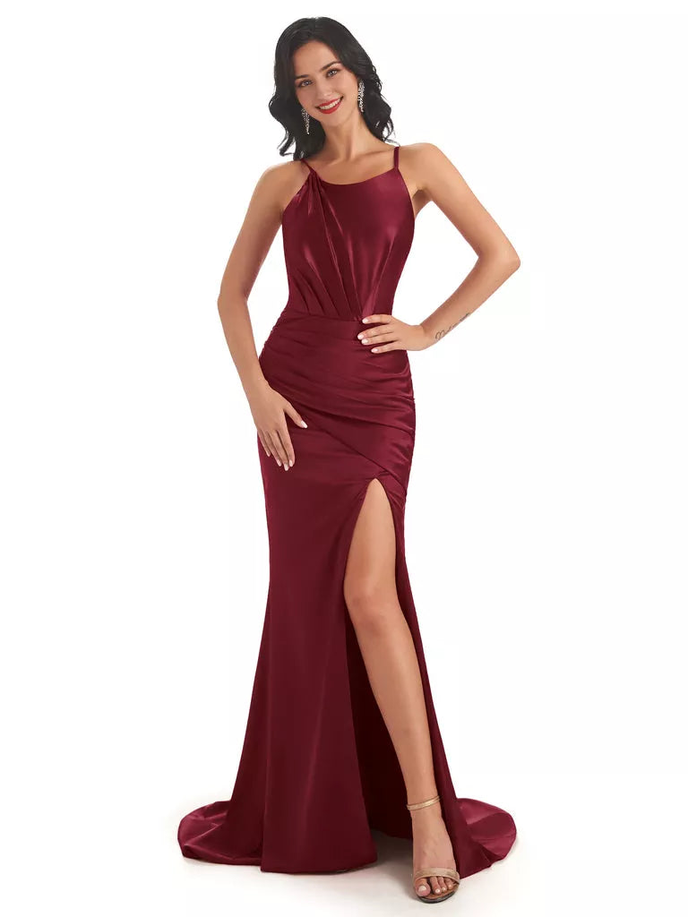 Vestidos de dama de honor de sirena con abertura lateral, sin mangas, tirantes finos y satén suave y sexy