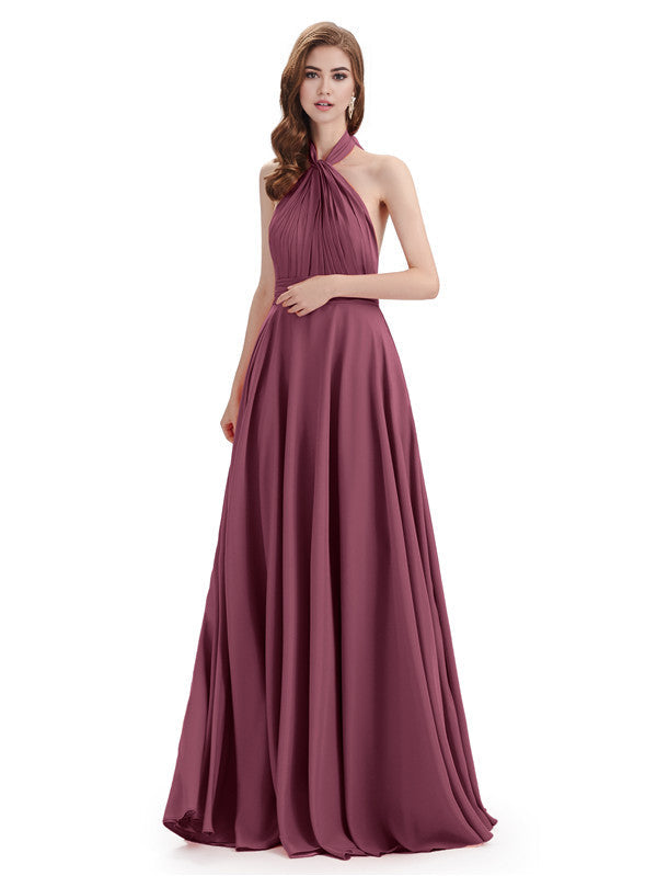 Simple A-Line High Neck Halter Sleeveless Pleats Chiffon Floor Length Bridesmaid Dresses