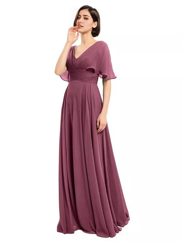 Dusty Blue Chiffon A-Line Floor-Length Bridesmaid Dress with V-Neck and Flutter Sleeves