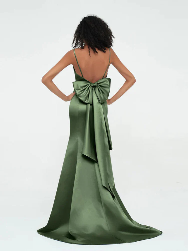 Olive Green Satin Mermaid Floor-Length Bridesmaid Dress with V-Neck & Bow