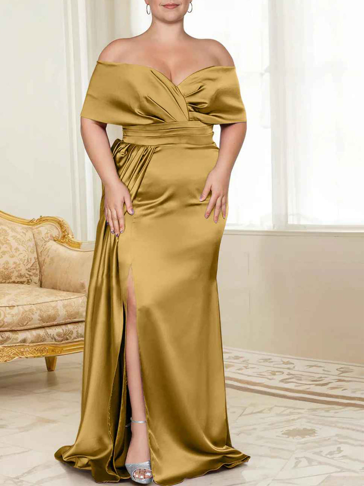Sage Green Satin Off-the-Shoulder Bridesmaid Dress with Draped Bodice & High Slit