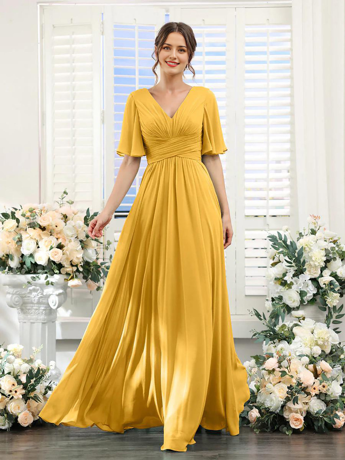 Lavender Chiffon A-Line Floor-Length Dress with Ruched Bodice and Flutter Sleeves
