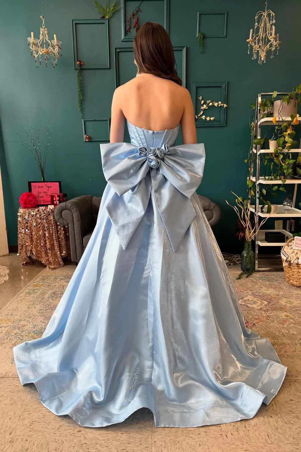 Light Blue Satin Strapless A-Line Prom Gown