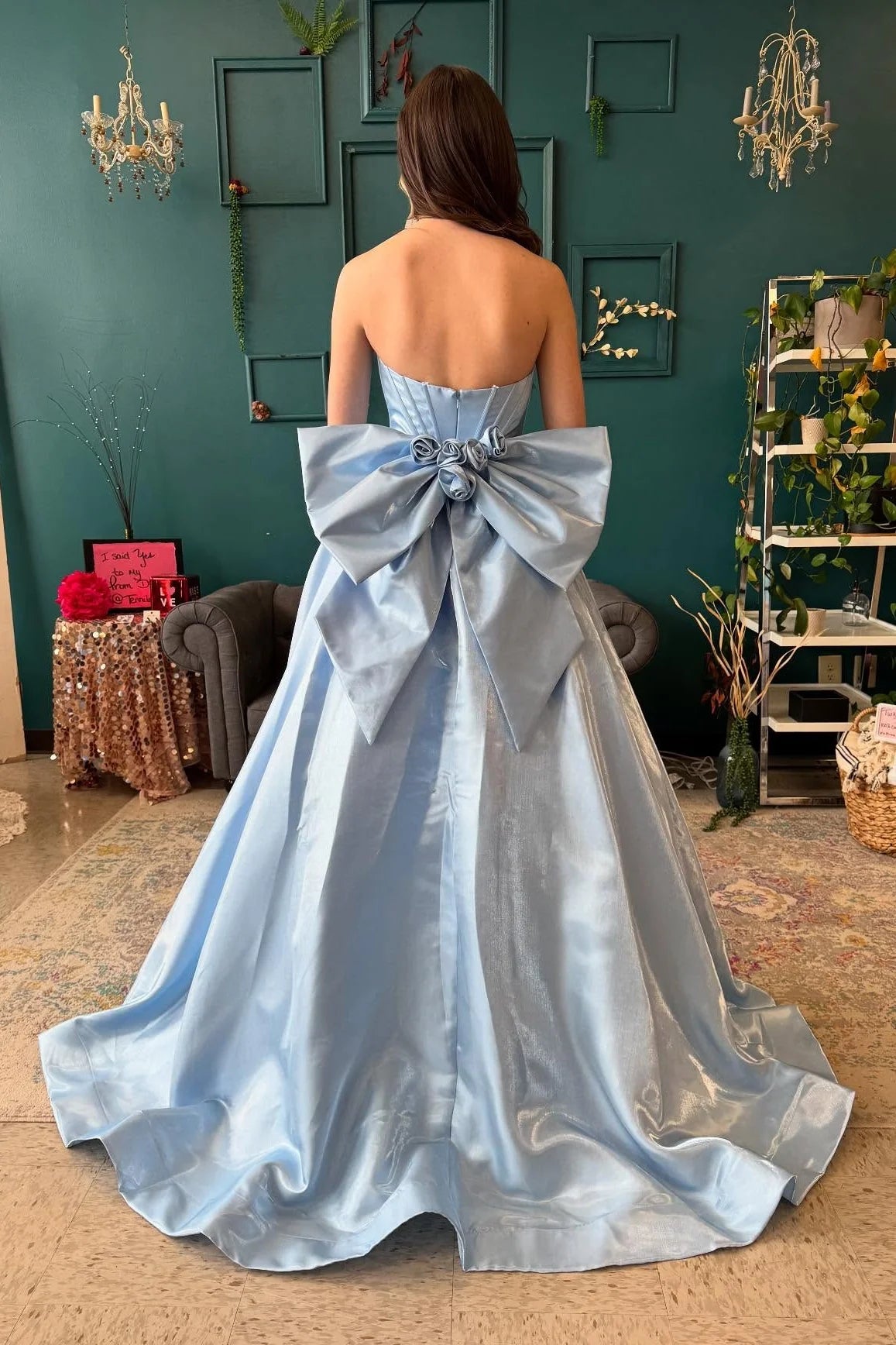 Light Blue Satin Strapless A-Line Prom Gown