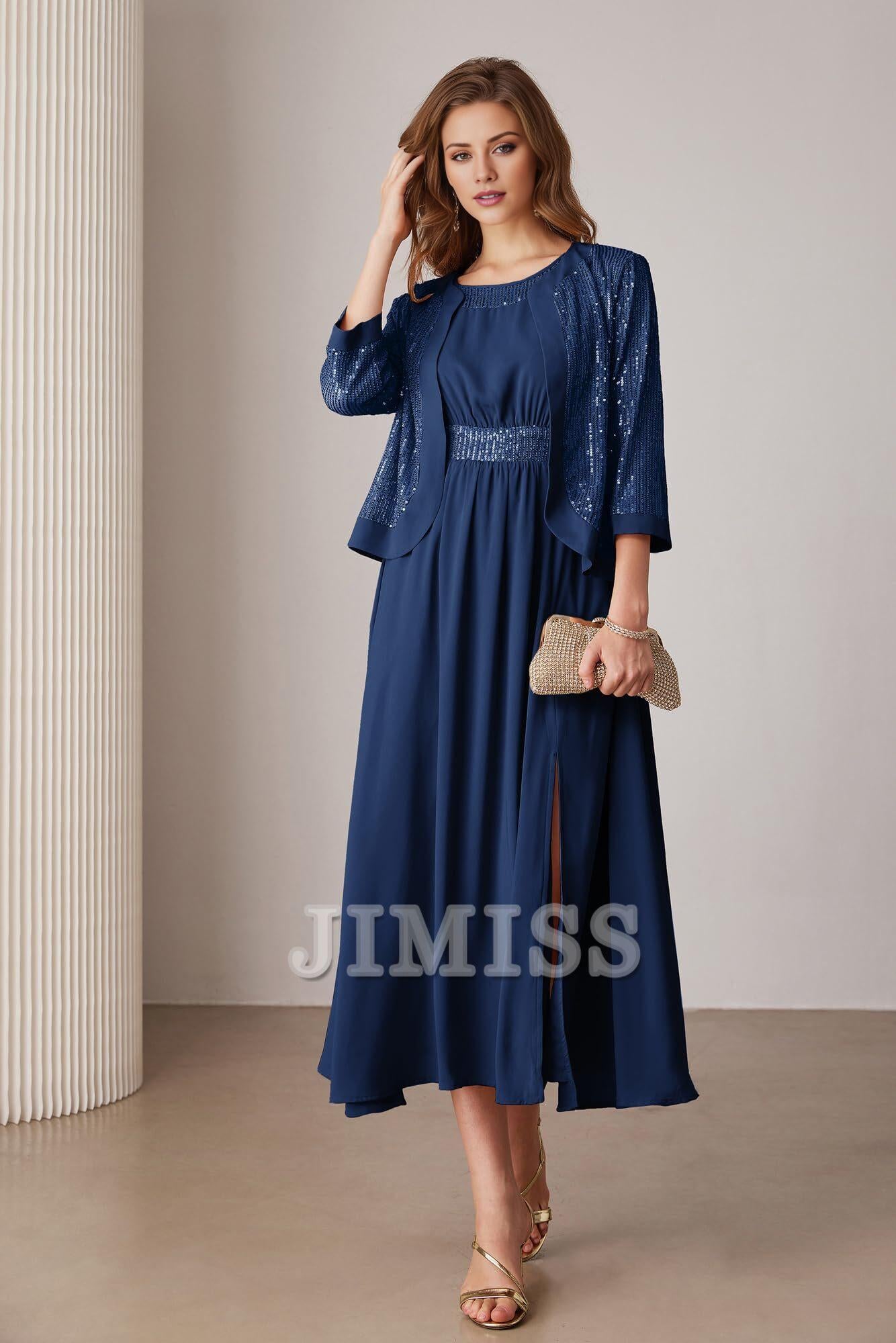 Black Chiffon A-Line Midi Evening Dress with Square Neck & Sequin Jacket