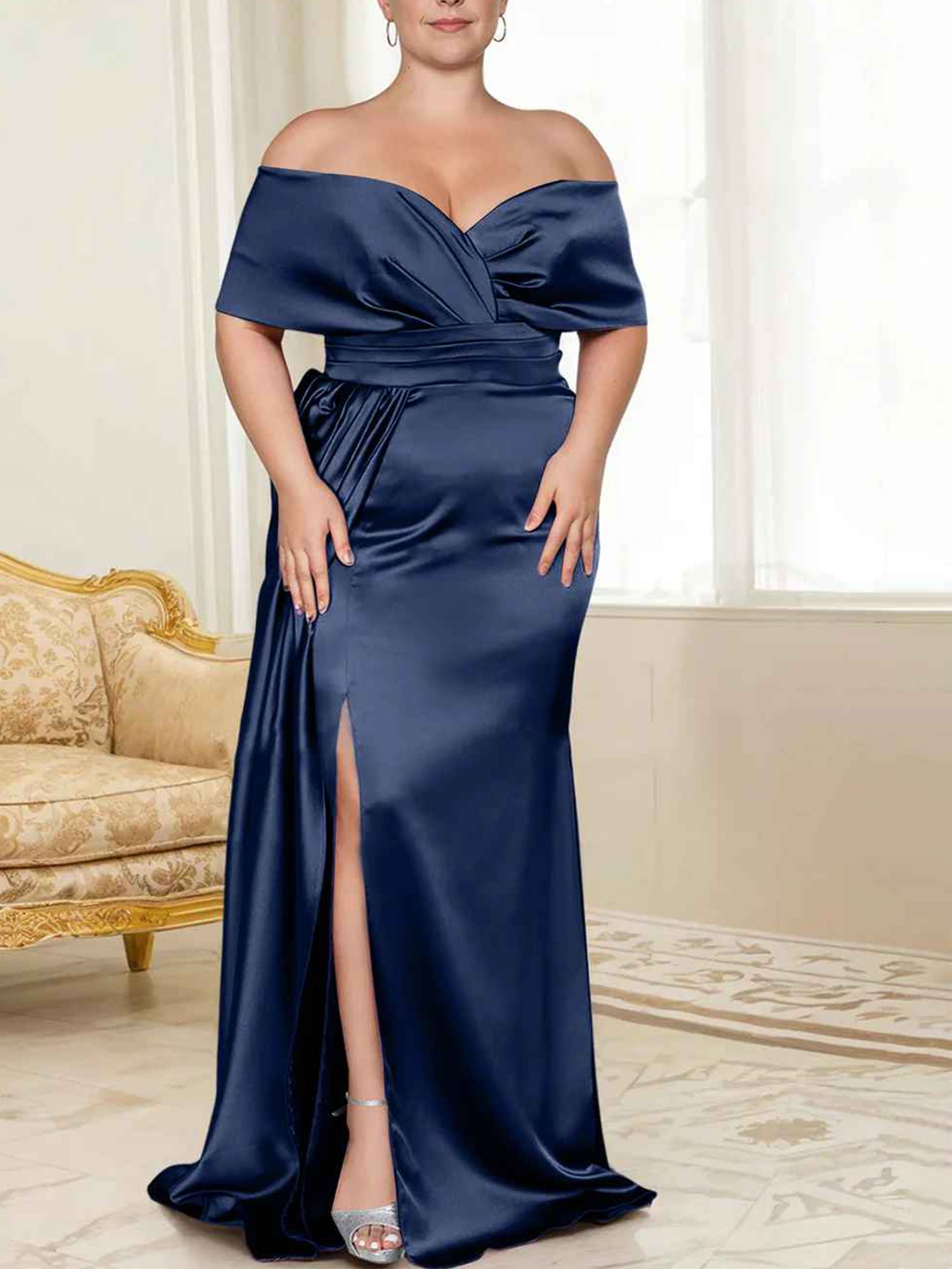 Sage Green Satin Off-the-Shoulder Bridesmaid Dress with Draped Bodice & High Slit