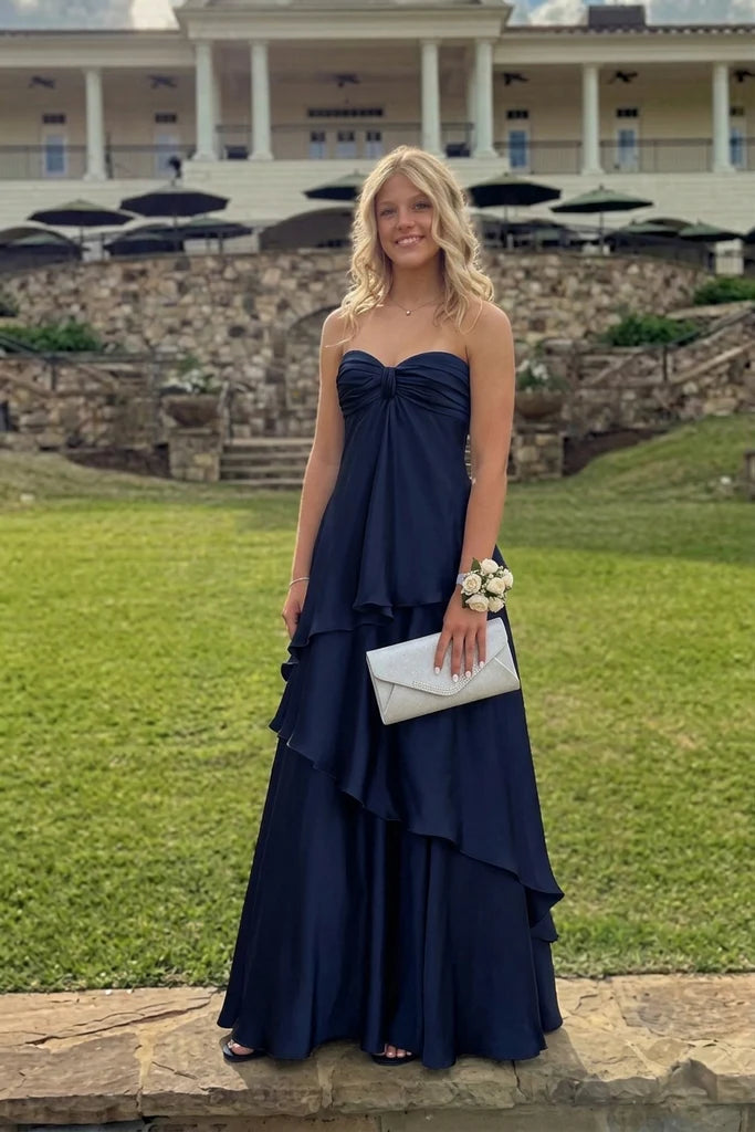 Navy Blue Satin A-Line Strapless Sweetheart Tiered Open Back Floor Length Evening Dress