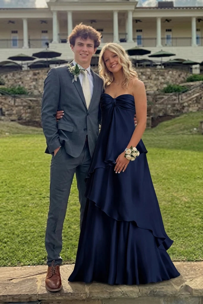 Navy Blue Satin A-Line Strapless Sweetheart Tiered Open Back Floor Length Evening Dress