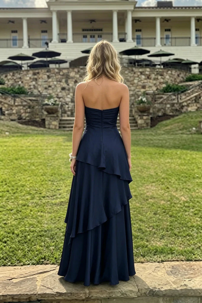 Navy Blue Satin A-Line Strapless Sweetheart Tiered Open Back Floor Length Evening Dress