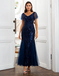 Vestido de madre de la novia con cola de pez y lentejuelas azul marino