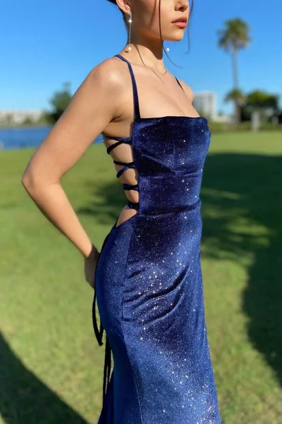 Navy Blue Velvet Sequin Spaghetti Strap Lace-Up Back Mermaid Evening Dresses