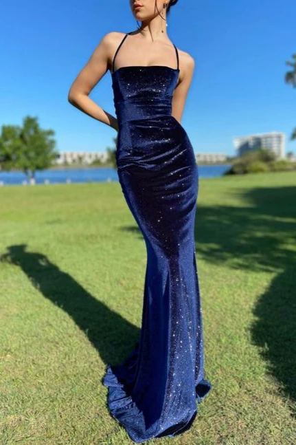 Navy Blue Velvet Sequin Spaghetti Strap Lace-Up Back Mermaid Evening Dresses