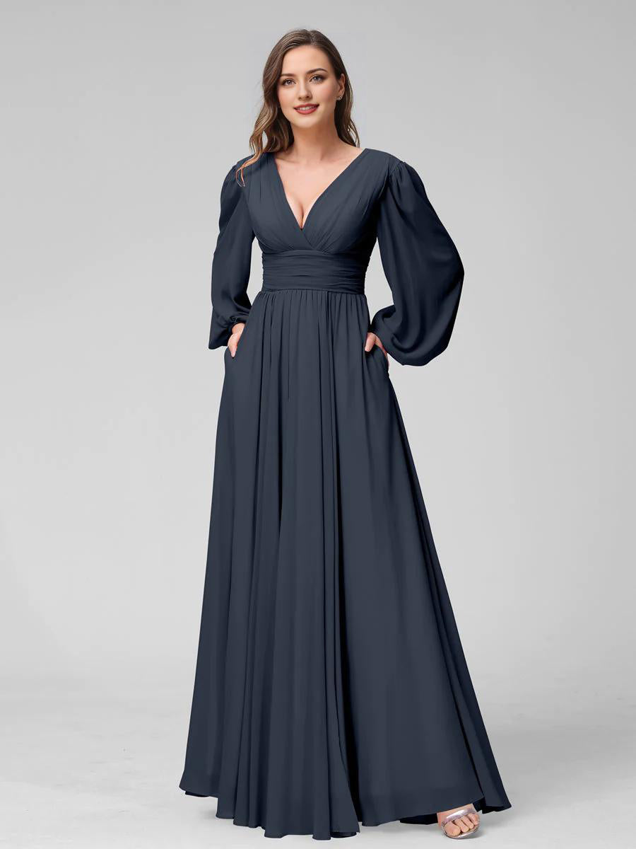 Blushing Pink Chiffon V-Neck A-Line Floor-Length Bridesmaid Dress with Bishop Sleeves