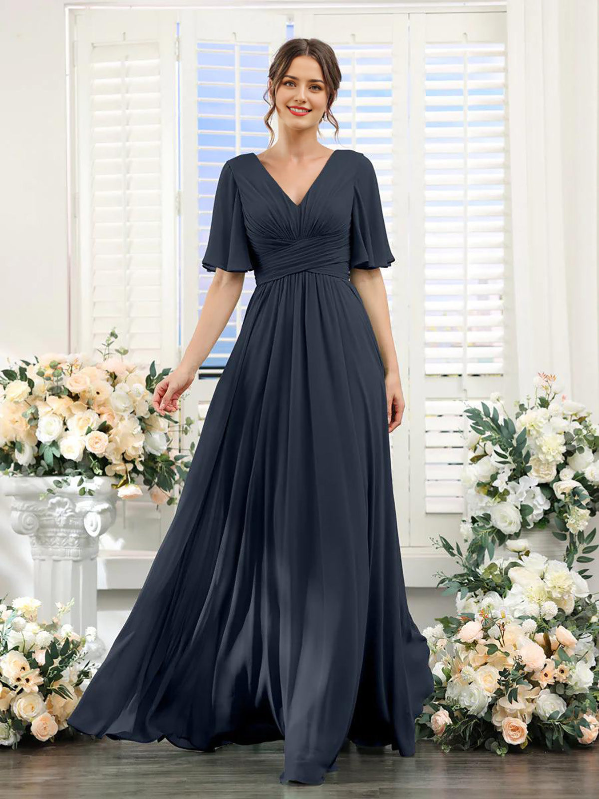 Lavender Chiffon A-Line Floor-Length Dress with Ruched Bodice and Flutter Sleeves