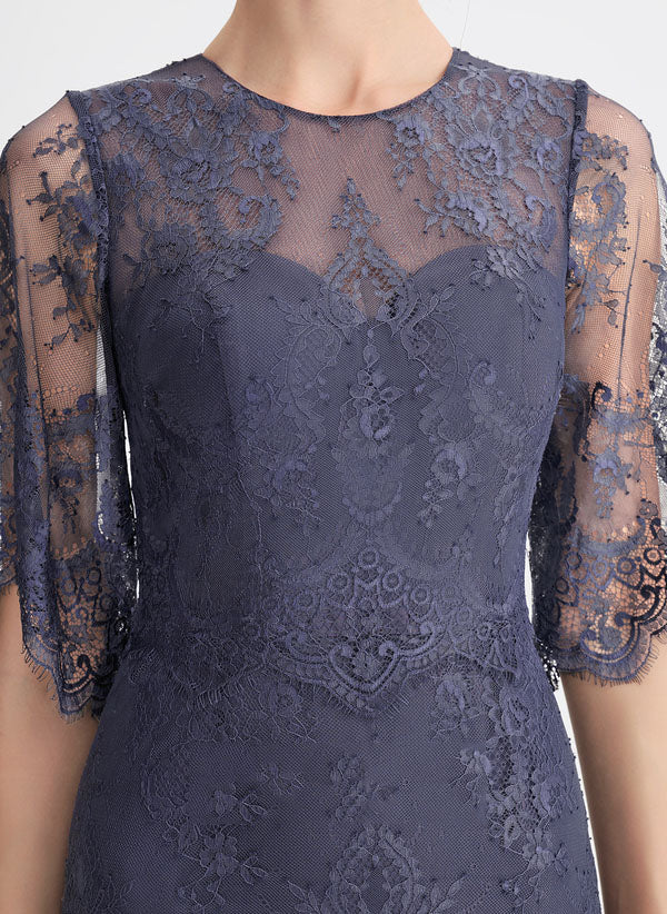 Dusty Blue Lace Sheath Knee-Length Dress with Sheer Sleeves