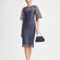 Dusty Blue Lace Sheath Knee-Length Dress with Sheer Sleeves