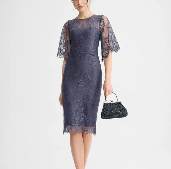 Dusty Blue Lace Sheath Knee-Length Dress with Sheer Sleeves